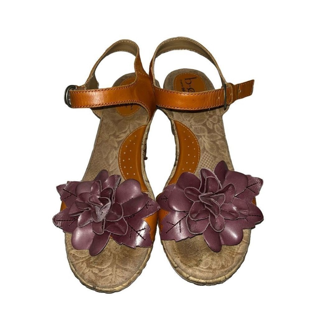 b.o.c. Born Concept Womens Tan Leather Purple Flower Cork Wedge Sandals Size 8